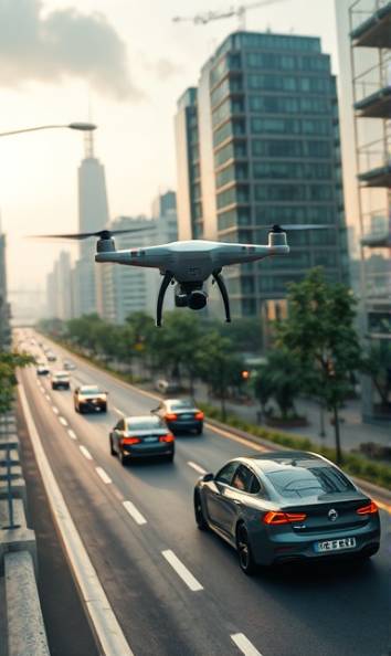 futuristic sustainability innovation, ambitious and forward-thinking, creating breakthroughs, photorealistic, urban landscape integrated with green technology, highly detailed, drones and electric cars in motion, modern hues, high-contrast lighting, shot with a macro lens.