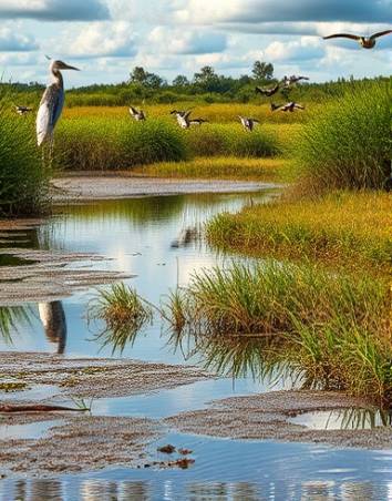 thriving sustainability ecology, balanced and interconnected, nurturing ecosystems, photorealistic, wetlands with diverse wildlife, highly detailed, birds in flight, earthy tones, filtered sunlight through clouds, shot with a prime lens.