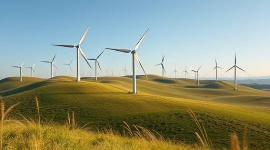 innovative sustainability energy, dynamic and energizing, exploring alternatives, photorealistic, wind turbines on rolling hills, highly detailed, wind moving through grass, bright greens and blues, clear early morning light, shot with a zoom lens.