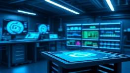 cutting-edge plastics design, creative and futuristic, designing prototypes, photorealistic, tech-infused workshop with CAD displays, highly detailed, holographic screens, 1/200 second shutter speed, vibrant blue and green tones, LED lighting, shot with a 24mm macro lens.