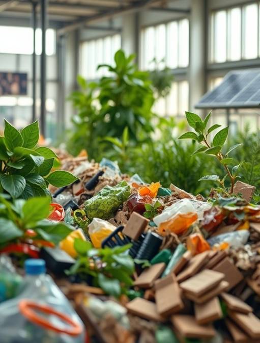 sustainable engineering plastics, innovative and environmentally conscious, recycling process, photorealistic, eco-friendly plant with solar panels, highly detailed, waste materials being repurposed, 1/250 second shutter speed, natural greens and browns, diffused window lighting, shot with a 35mm prime lens.