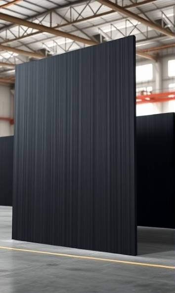 aligned UHMW panels, matte texture, standing upright, photorealistic, in a spacious modern warehouse, highly detailed, slight dust particles in the air, wide angle, matte black, natural sunlight filtering through windows, shot with a wide-angle lens.