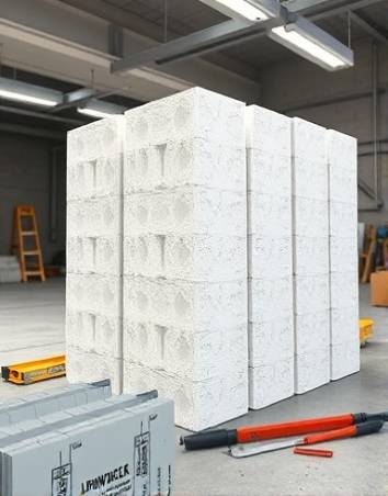 cut UHMW blocks, symmetric, neatly piled, photorealistic, placed on a concrete floor with construction tools around, highly detailed, dust particles floating, high-resolution, pure white, overhead fluorescent lighting, shot with a prime lens.