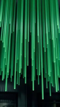array of UHMW rods, seamless, cascading from top to bottom, photorealistic, suspended against a darkened industrial setting, highly detailed, blurred motion effect, noise-free, emerald green, harsh spotlight from above, shot with a long lens.