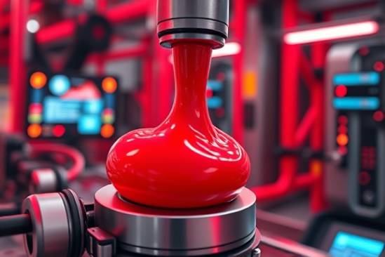 smooth polymers materials, innovative, extruding from a nozzle, photorealistic, in a futuristic lab with digital displays, highly detailed, vibrant mechanical elements, 8K rendering, deep red, ambient lighting, shot with a 50mm prime lens.