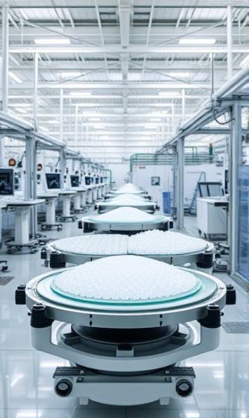 translucent polymers manufacturing, precision, being carefully inspected, photorealistic, inside a spacious, well-lit modern factory, highly detailed, rotating inspection tables, full spectrum quality, translucent white, natural light, shot with a tilt-shift lens.