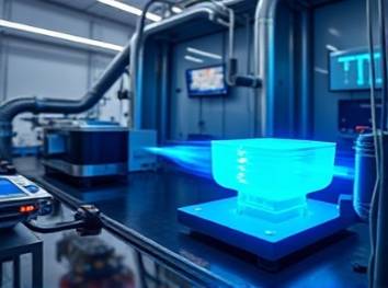robust polymers processing, dynamic, undergoing temperature testing, photorealistic, in a controlled environment with climate control systems, highly detailed, real-time monitoring screens, state-of-the-art definition, electric blue, spotlight lighting, shot with a telephoto lens.