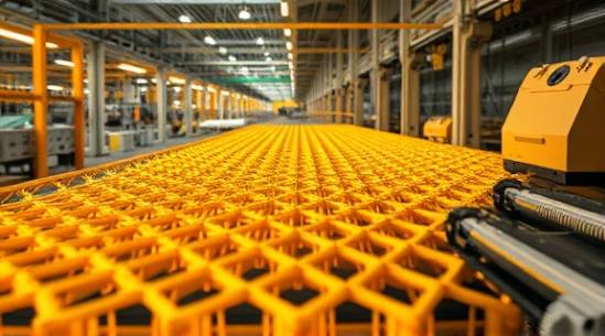 structural polymers materials, resilient, forming intricate patterns, photorealistic, on an advanced, automated assembly table within an eco-friendly plant, highly detailed, synchronized movements, immersive resolution, golden yellow, directional lighting, shot with a superzoom lens.