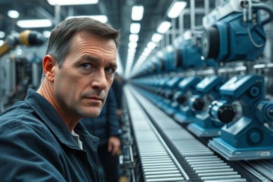 advanced industries manufacturing, serious expression, inspecting machinery, photorealistic, modern production line with robots, highly detailed, conveyor belts in motion, crisp clarity, metallic and blue hues, fluorescent industrial lighting, shot with a 50mm prime lens.