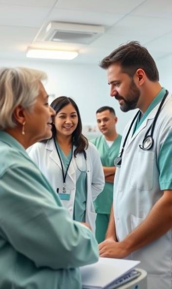 progressive industries healthcare, empathetic expression, consulting patients, photorealistic, hospital room with medical equipment, highly detailed, doctors and nurses interacting, smooth transitions, clean whites and pale greens, diffused overhead lighting, shot with a 85mm lens.