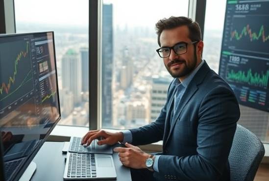 dynamic industries finance, confident expression, analyzing data, photorealistic, high-rise office overlooking the city, highly detailed, financial graphs and tickers on screens, dynamic perspectives, grays and blues, morning natural sunlight, shot with a 70-200mm zoom lens.