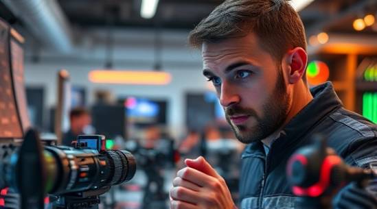 cutting-edge industries technology, curious expression, examining gadgets, photorealistic, startup office environment with gadgets on display, highly detailed, innovative devices being tested, vivid detailing, colorful tech gadgets, cool LED lighting, shot with a 55mm standard lens.