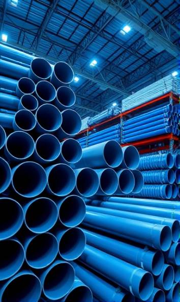 processed HDPE pipes, organized, stacked in a warehouse, photorealistic, storage racks with high ceilings, highly detailed, orderly arrangement, 12k resolution, deep blue, overhead lighting, shot with an ultra-wide lens