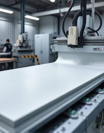 cut HDPE sheets, meticulous, being shaped by machinery, photorealistic, manufacturing workshop with tools, highly detailed, precise cutting action, 16k resolution, ivory, stark fluorescents, shot with a prime lens