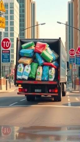 collected HDPE recycling items, determined, transported via truck, photorealistic, city streets with traffic signs, highly detailed, motion blur, 6k resolution, pastel, afternoon sunlight, shot with a zoom lens