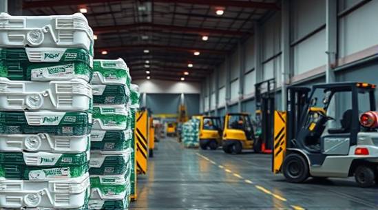 bundled HDPE containers, hopeful, sent to recycling center, photorealistic, loading bay with forklifts, highly detailed, steady activity, 5k resolution, clear, artificial light, shot with a tilt-shift lens