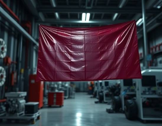durable polymer material, resilient facade, stretching, photorealistic, industrial environment with machinery in the background, highly detailed, gentle shadow play, microscopic details visible, deep reds and oxford blue, soft directional lighting, shot with a 50mm prime lens.