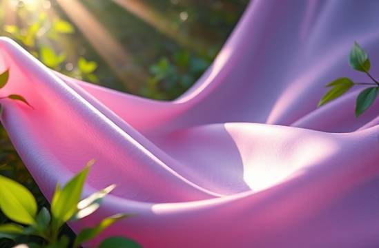 smooth polymer texture, silky finish, draping, photorealistic, natural setting with surrounding greenery, highly detailed, sun rays filtering through, intricate surface pattern, pastel hues of purple and pink, ambient lighting, shot with an 85mm lens.