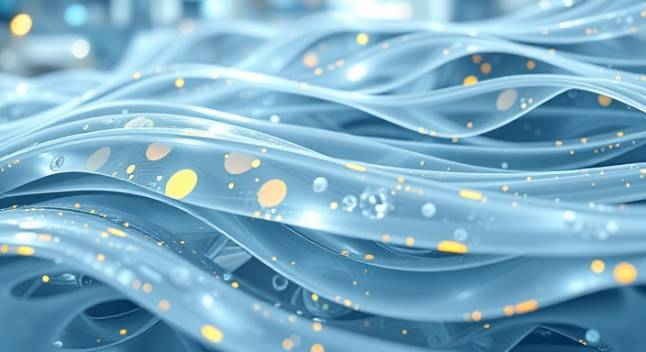 layered polymer composition, orderly alignment, folding over itself, photorealistic, futuristic lab with holograms, highly detailed, waves of motion captured, enhanced texture visibility, metallic silver and gold, sharp icy lighting, shot with a 70-200mm telephoto lens.