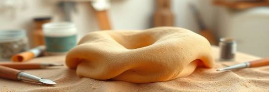 malleable polymer texture, soft aura, molding into shape, photorealistic, artist’s studio with tools scattered, highly detailed, small particles floating mid-air, small ridges highlighted, warm ochre and sandy beige, soft overhead lighting, shot with a 35mm wide-angle lens.