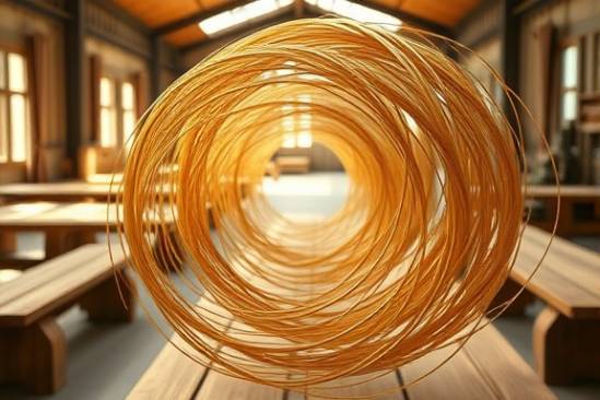flexible polymer material, organic feel, coiling, photorealistic, open-air workshop with wooden benches, highly detailed, rhythmic motion felt in image, fibers with subtle gloss, earthy tones and pale amber, soft sunlight filtering, shot with a 24-70mm lens.