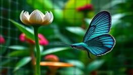 untethered polymer surface, velvety overtones, fluctuating, photorealistic, exotic garden backdrop with rare fauna, highly detailed, ethereal quality in dynamic flutters, dense textural weave, vibrant teal and jade, indirect sunlight, shot with a macro lens.