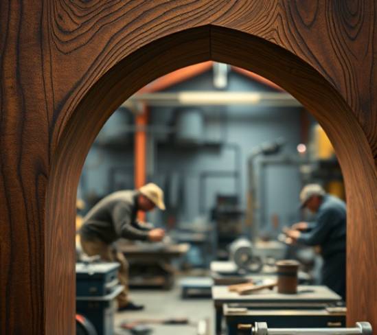 strong polymer texture, fortified feel, arching, photorealistic, workshop with metalworking tools, highly detailed, minute shivers of motion, surface under stress captured, rich mahogany and steel gray, industrial task lighting, shot with a 35mm lens.