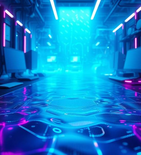 advanced polymer surface, futuristic design, rippling, photorealistic, AI-led workspace full of digital equipment, highly detailed, light flowing across surface, converging grid textures, icy blue and electric violet, flickering neon light, shot with a 50mm lens.