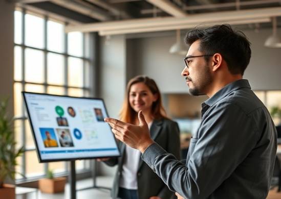collaborative applications interface, engaged expression, presenting, photorealistic, tech startup open space, highly detailed, interactive screen displayed, full HD resolution, neutral colors, natural light from large windows, shot with a 35mm lens