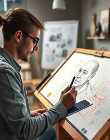 creative applications design, focused expression, sketching, photorealistic, design studio with drafting tables, highly detailed, digital tablets and stylus, high resolution, popping with color palettes, diffuse reflective lighting, shot with a 24mm lens