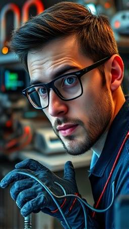 cutting-edge applications technology, curious expression, testing, photorealistic, electronics lab brimming with gadgets, highly detailed, wires and circuit boards, Ultra HD resolution, vivid contrasts, directional spotlighting, shot with a macro lens