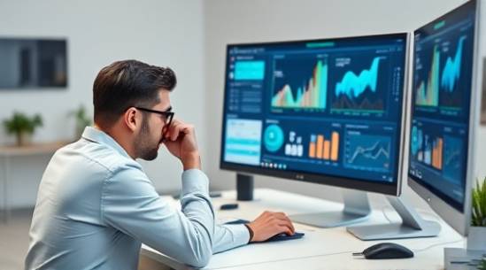 intuitive applications software interface, contemplative expression, reviewing, photorealistic, minimalist workspace with sleek desks, highly detailed, dynamic infographics on screen, high resolution, soft pastel shades, focused task lighting, shot with a 70-200mm lens