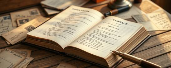 vintage contact book, nostalgic, open with visible entries, photorealistic, set on a weathered wooden desk with scattered old postcards and a fountain pen, highly detailed, pages slightly yellowed with age, 8K resolution, warm sepia tones, soft morning sunlight, captured with a macro lens.